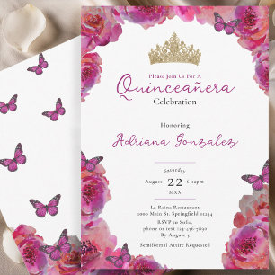Elegant Pink Floral Crown Quinceanera Invitation