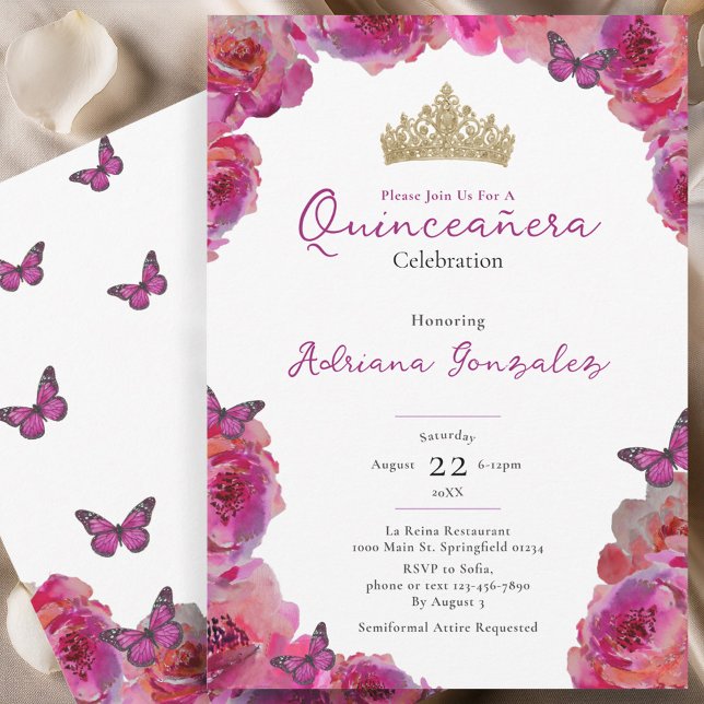 Elegant Pink Floral Crown Quinceanera Invitation (Creator Uploaded)