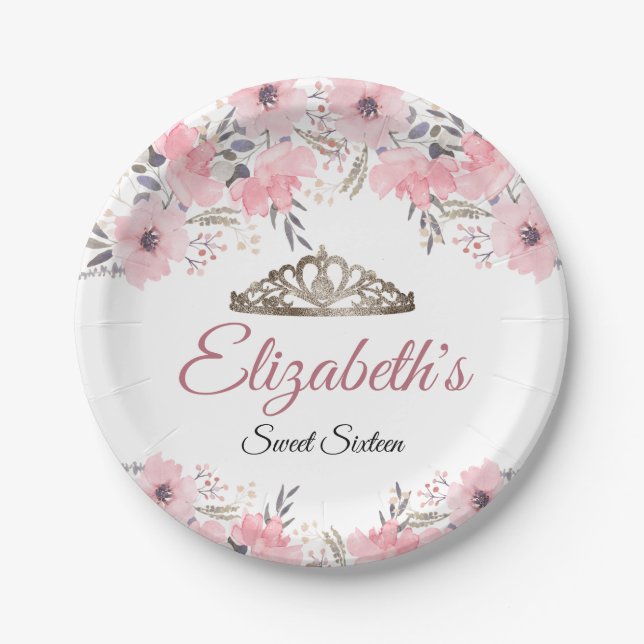 Elegant Pink Floral Crown Sweet 16 Birthday Paper Plate (Front)