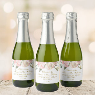 Elegant Pink Floral Custom Gold Bridal Shower Mini Sparkling Wine Label