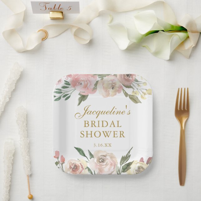 Elegant Pink Floral Custom Gold Bridal Shower Paper Plate (Wedding)