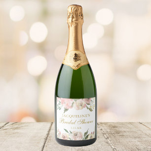 Elegant Pink Floral Custom Gold Bridal Shower Sparkling Wine Label
