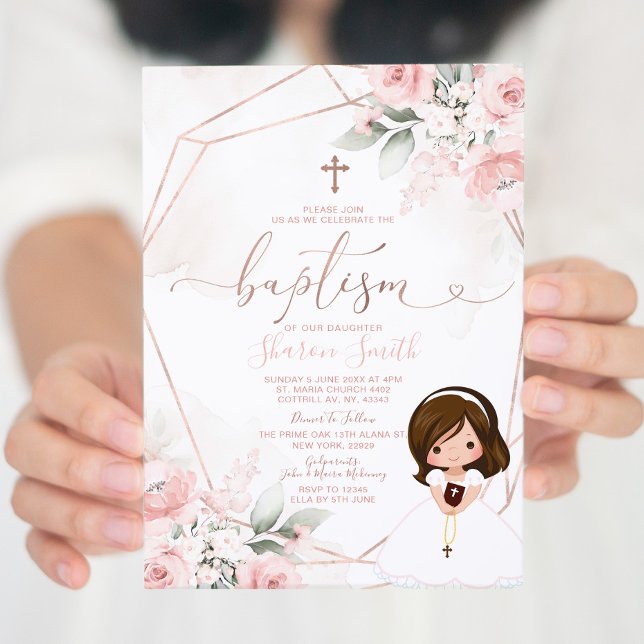 Elegant Pink Floral Cute Girl Christening Baptism Invitation (Creator Uploaded)