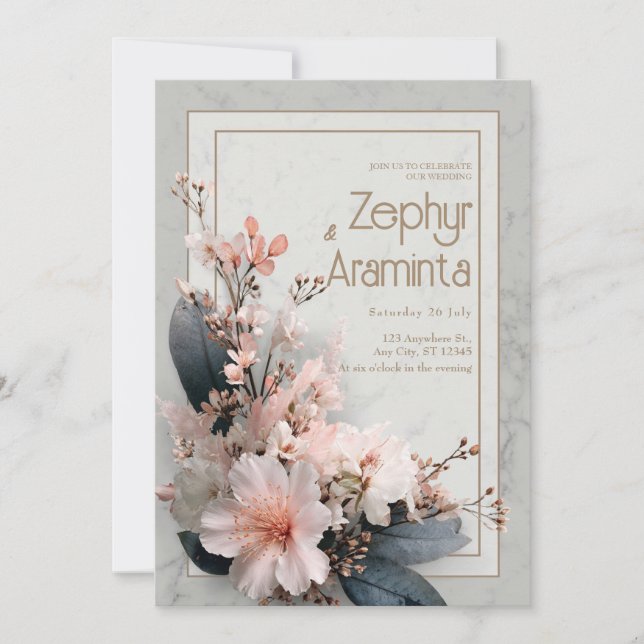 Elegant Pink Floral Dark Leaf Marble Wedding Invitation (Front)