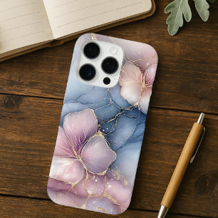 Elegant Pink Floral Design with Blue Marble Effect iPhone 16 Pro Case