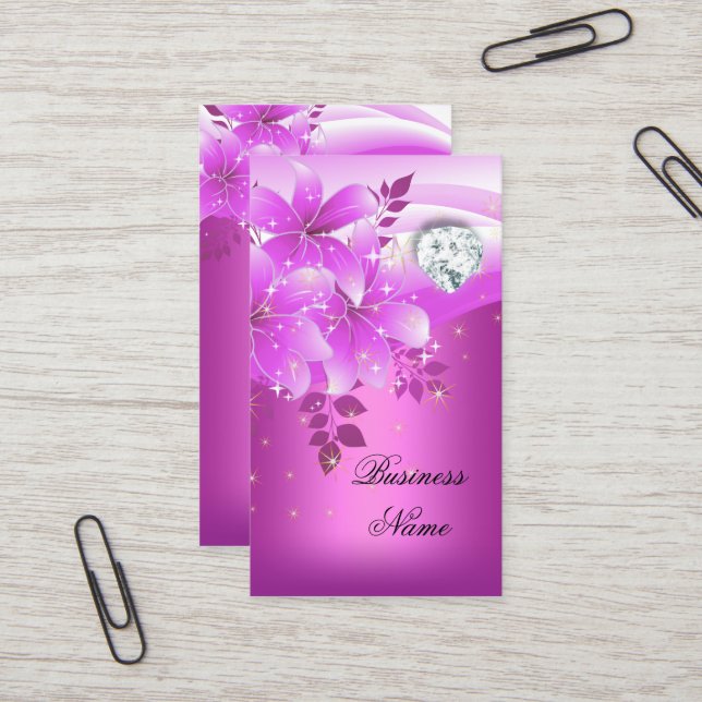 Elegant Pink Floral Diamond Business Card (Front/Back In Situ)