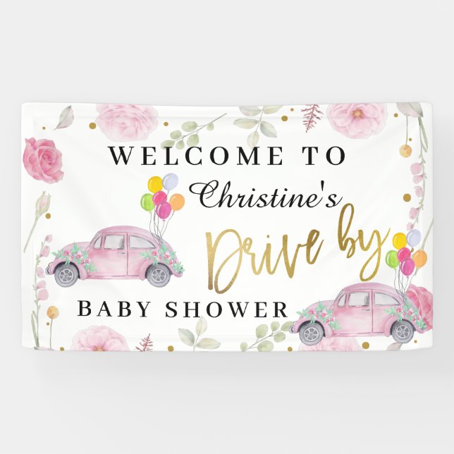 Elegant Pink Floral Drive By Baby Shower Welcome Banner (Horizontal)