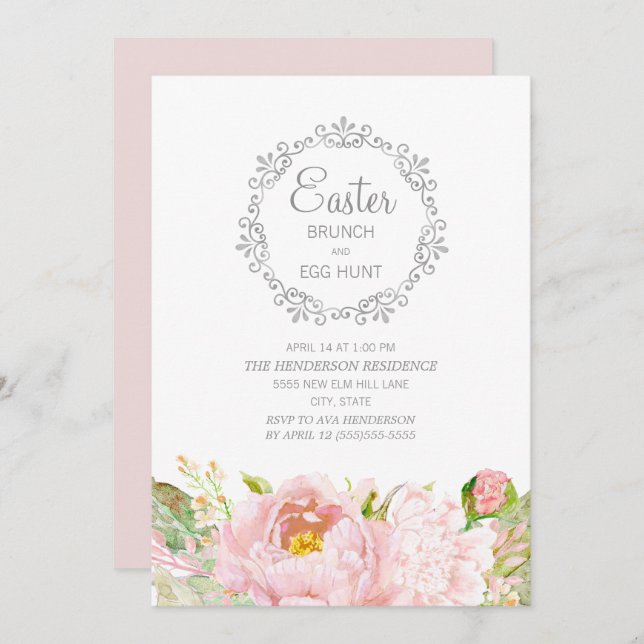 Elegant Pink Floral Easter Brunch Egg Hunt Invitation (Front/Back)
