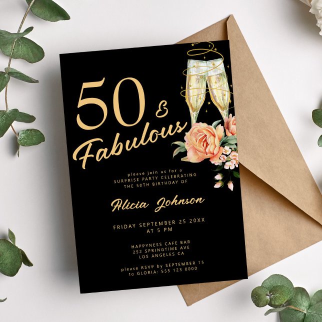 Elegant pink floral fifty fabulous 50th birthday  invitation (Creator Uploaded)
