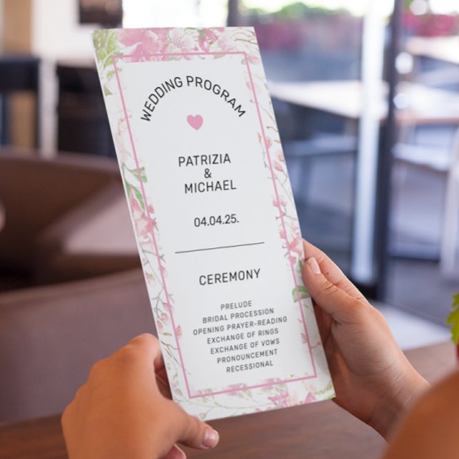 Elegant Pink Floral Flat Wedding Program Programme (Creator Uploaded)