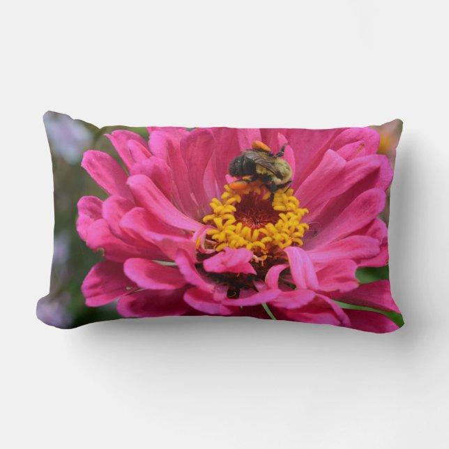 Elegant pink floral flower mum daisy honeybee lumbar cushion (Front)