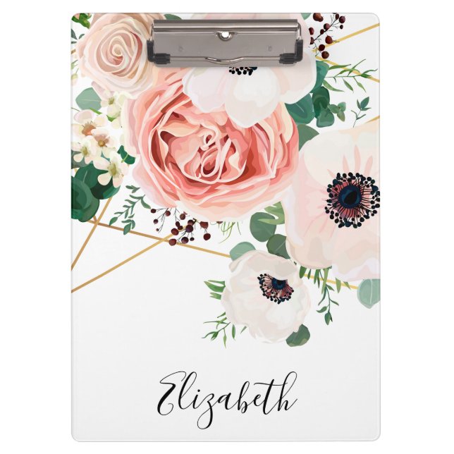 Elegant Pink Floral Flowers Watercolor Personalise Clipboard (Front)