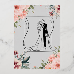 Elegant pink floral foil wedding invitations
