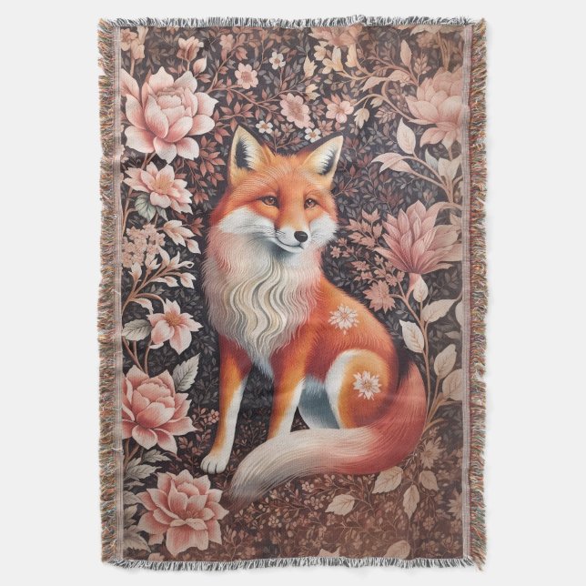 Elegant Pink Floral Fox William Morris Inspired Throw Blanket (Front Vertical)