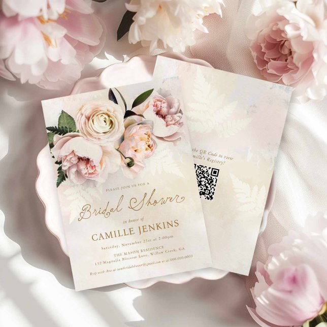 Elegant Pink Floral Garden QR Code Bridal Shower Invitation (Pink Blush Floral Garden Bridal Shower Invitation)