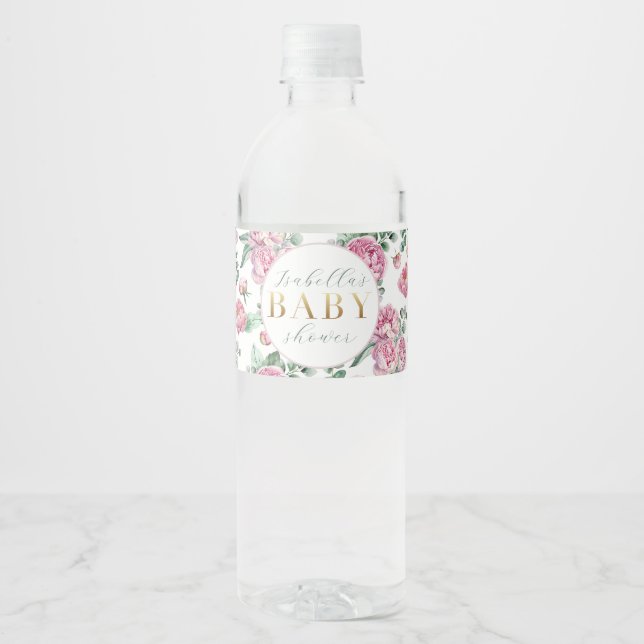Elegant Pink Floral Girl Baby Shower Water Bottle  Water Bottle Label (Front)