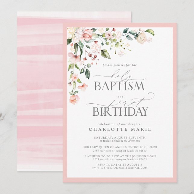 Elegant Pink Floral Girl Baptism & 1st Birthday Invitation (Front/Back)