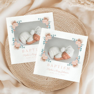 Elegant Pink Floral Girl Baptism Photo Napkin