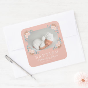Elegant Pink Floral Girl Baptism Photo Square Sticker