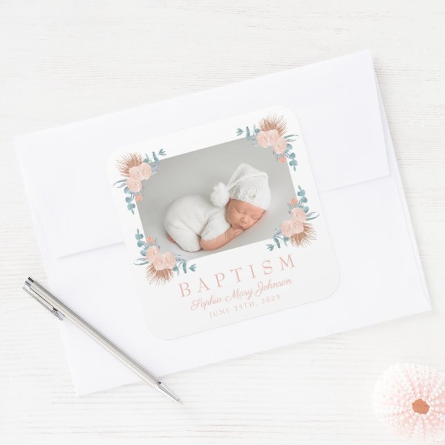 Elegant Pink Floral Girl Baptism Photo  Square Sticker (Envelope)