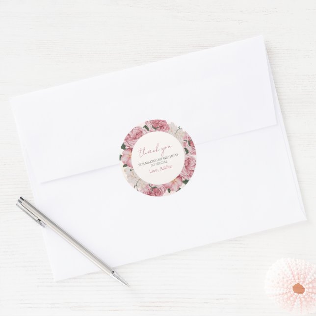 Elegant Pink Floral Girl Birthday Thank You Favour Classic Round Sticker (Envelope)
