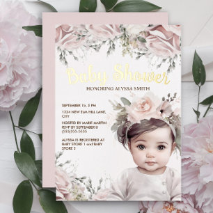 Elegant Pink Floral Girl Gold Foil Baby Shower