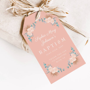 Elegant Pink Floral Girl Photo Baptism Gift Tags