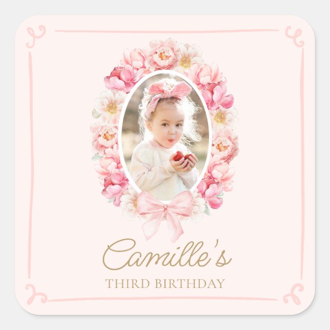 Elegant Pink Floral Girl Photo Birthday Square Sticker (Front)