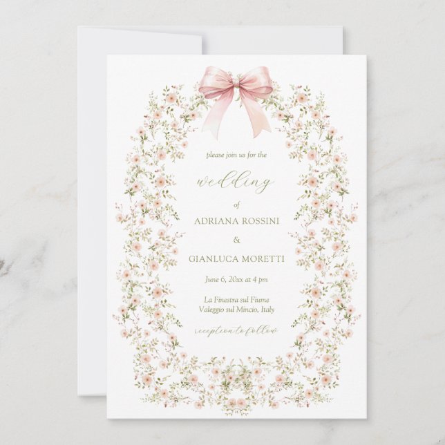 Elegant Pink Floral Girly Coquette Bow Wedding Invitation (Front)