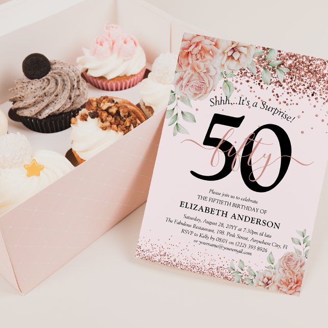 Elegant Pink Floral & Glitter 50th Birthday Party Invitation (Creator Uploaded)