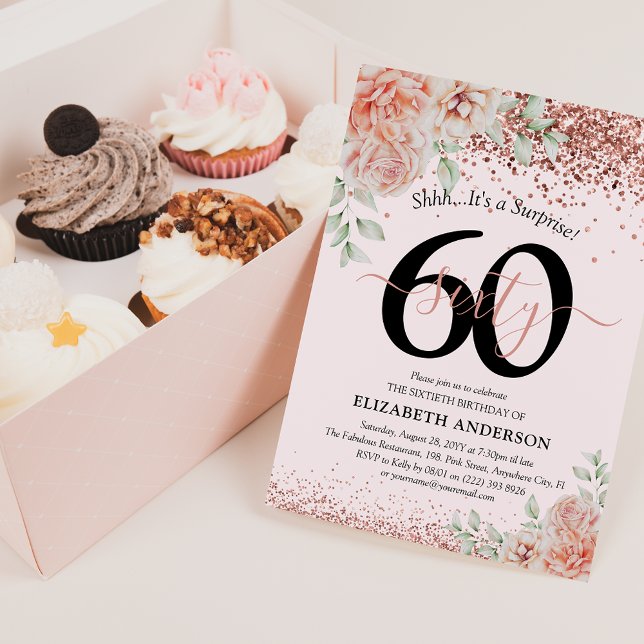 Elegant Pink Floral & Glitter 60th Birthday Party Invitation (Creator Uploaded)