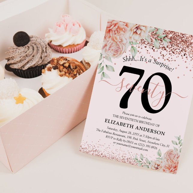 Elegant Pink Floral & Glitter 70th Birthday Party Invitation (Creator Uploaded)