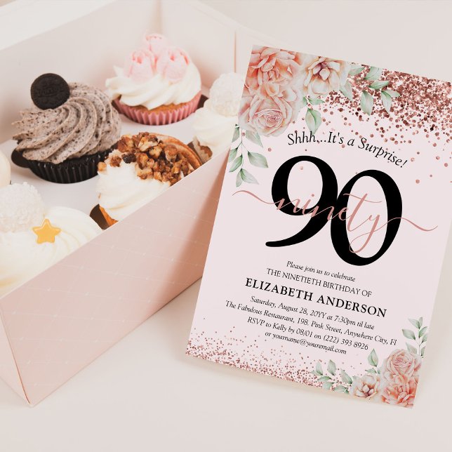 Elegant Pink Floral & Glitter 90th Birthday Party Invitation (Creator Uploaded)