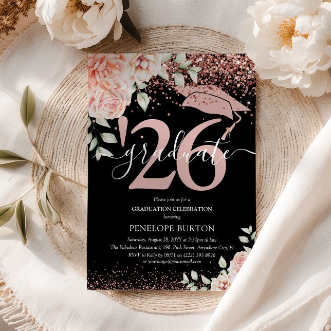 Elegant Pink Floral & Glitter Graduation Party Invitation (Creator Uploaded)