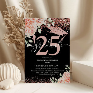 Elegant Pink Floral & Glitter Graduation Party Invitation