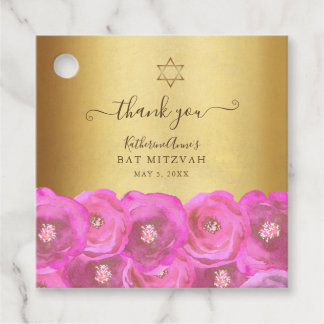 Elegant Pink Floral Gold Bat Mitzvah Thank You Favour Tags