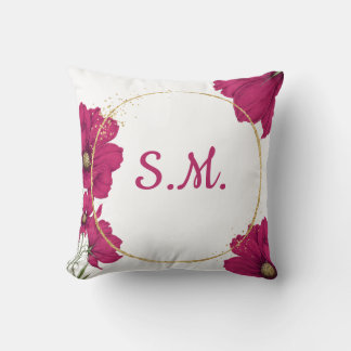 Elegant Pink Floral Gold Circle Throw Pillow