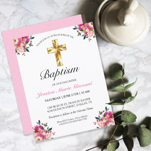 Elegant PInk Floral Gold Cross Baptism Invitation