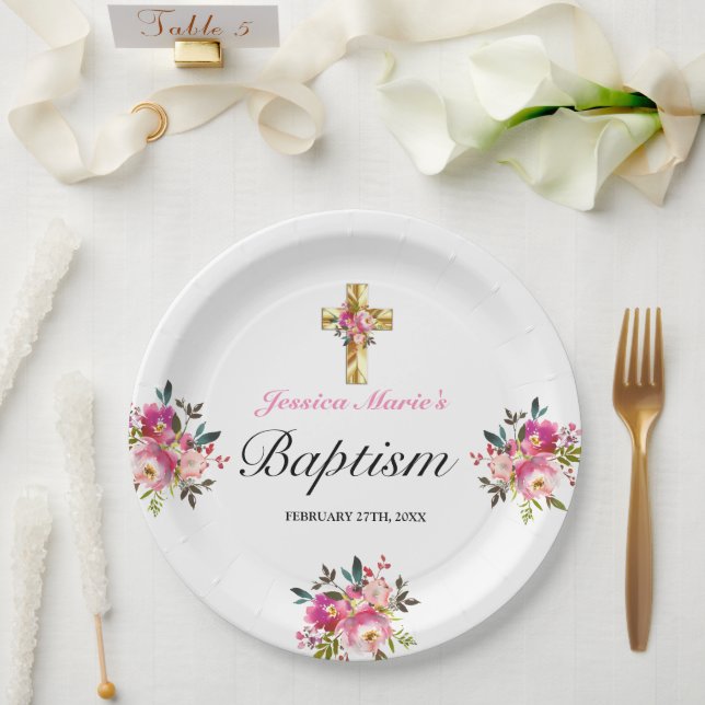 Elegant PInk Floral Gold Cross Baptism Paper Plate (Wedding)