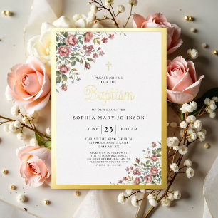 Elegant Pink Floral Gold Cross Girl Baptism