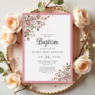 Elegant Pink Floral Gold Cross Girl Baptism