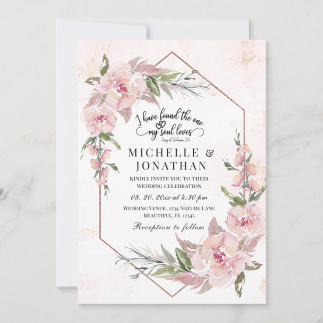 Elegant Pink Floral Gold Frame Bible Verse Wedding Invitation (Front)