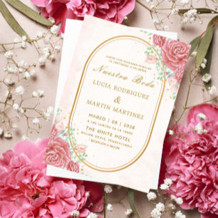 Elegant Pink Floral Gold frame Nuestra Boda Invitation
