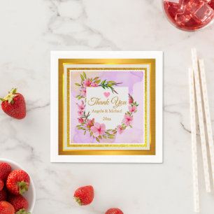 Elegant Pink Floral & Gold Glitter Wedding Napkin
