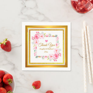 Elegant Pink Floral & Gold Glitter Wedding Napkin