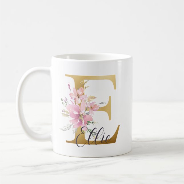 Elegant Pink Floral Gold Letter Monogram E Coffee Mug (Left)