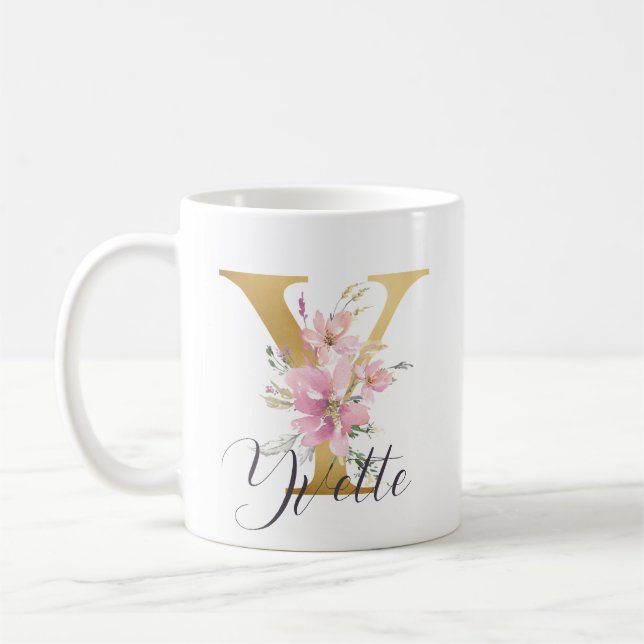 Elegant Pink Floral Gold Letter Monogram Y Coffee Mug (Left)
