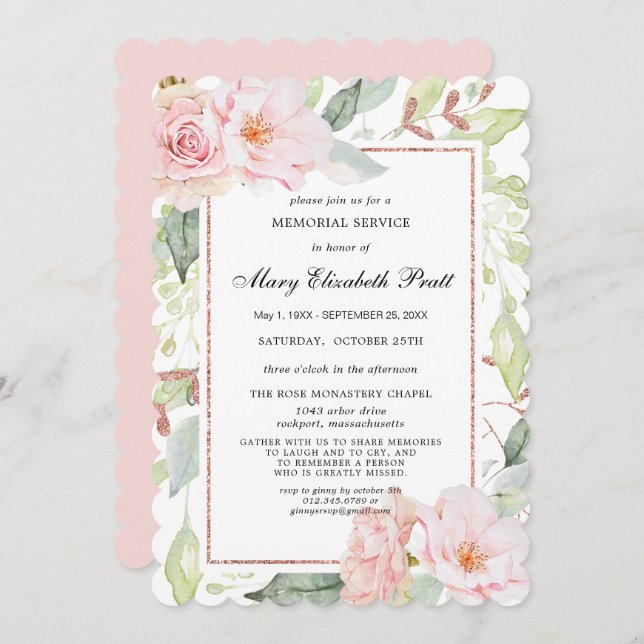 Elegant Pink Floral Gold Memorial Service Invitati Invitation (Front/Back)