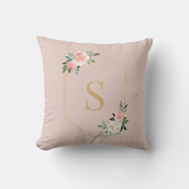 Elegant Pink Floral Gold Script Monogrammed Cushion (Front)