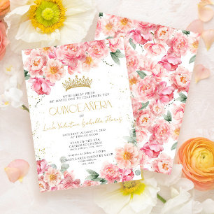 Elegant Pink Floral Gold Tiara Quinceañera Invitation